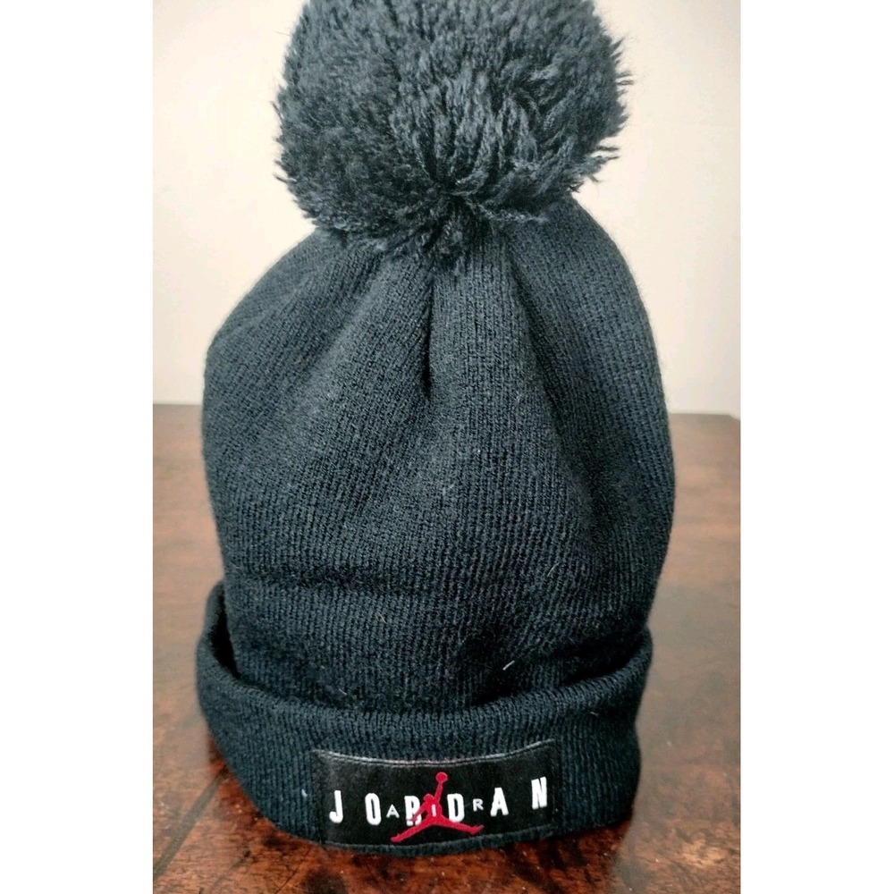 Jordan Youth Black Pom Beanie Hat Cuff Jumpman Logo Winter Knit Cap Kids